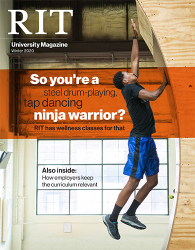 University Magazine cover featuring man reaching for top of a Warped Wall.