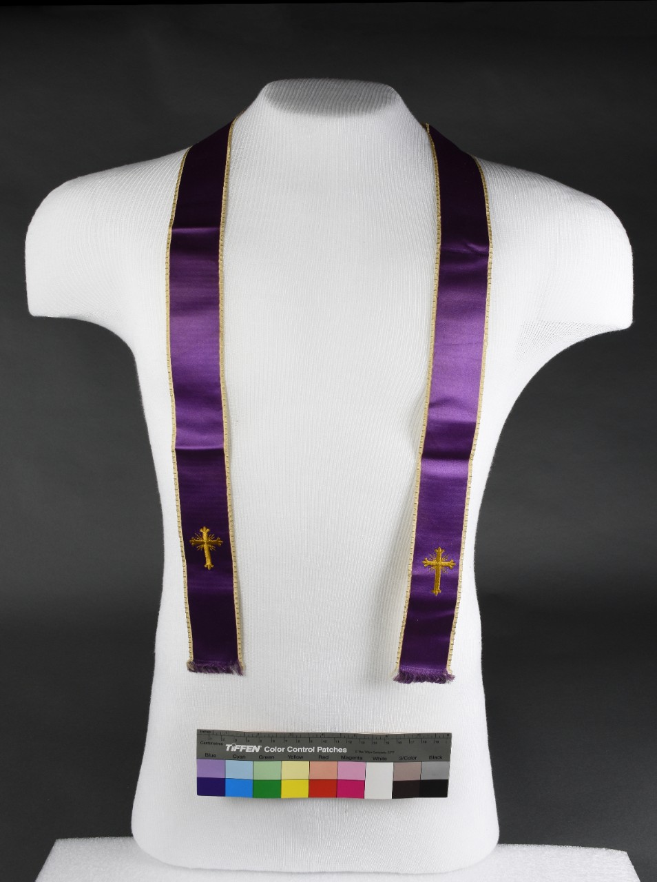 <p>Purple ribbon sash with gold embroidered crosses and edges belonging to LT JF Crotty&nbsp;</p>
