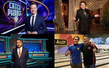 Clockwise from top left: Stephen Mulhern, Jonathan Ross, Barney and Bradley Walsh, and Amol Rajan